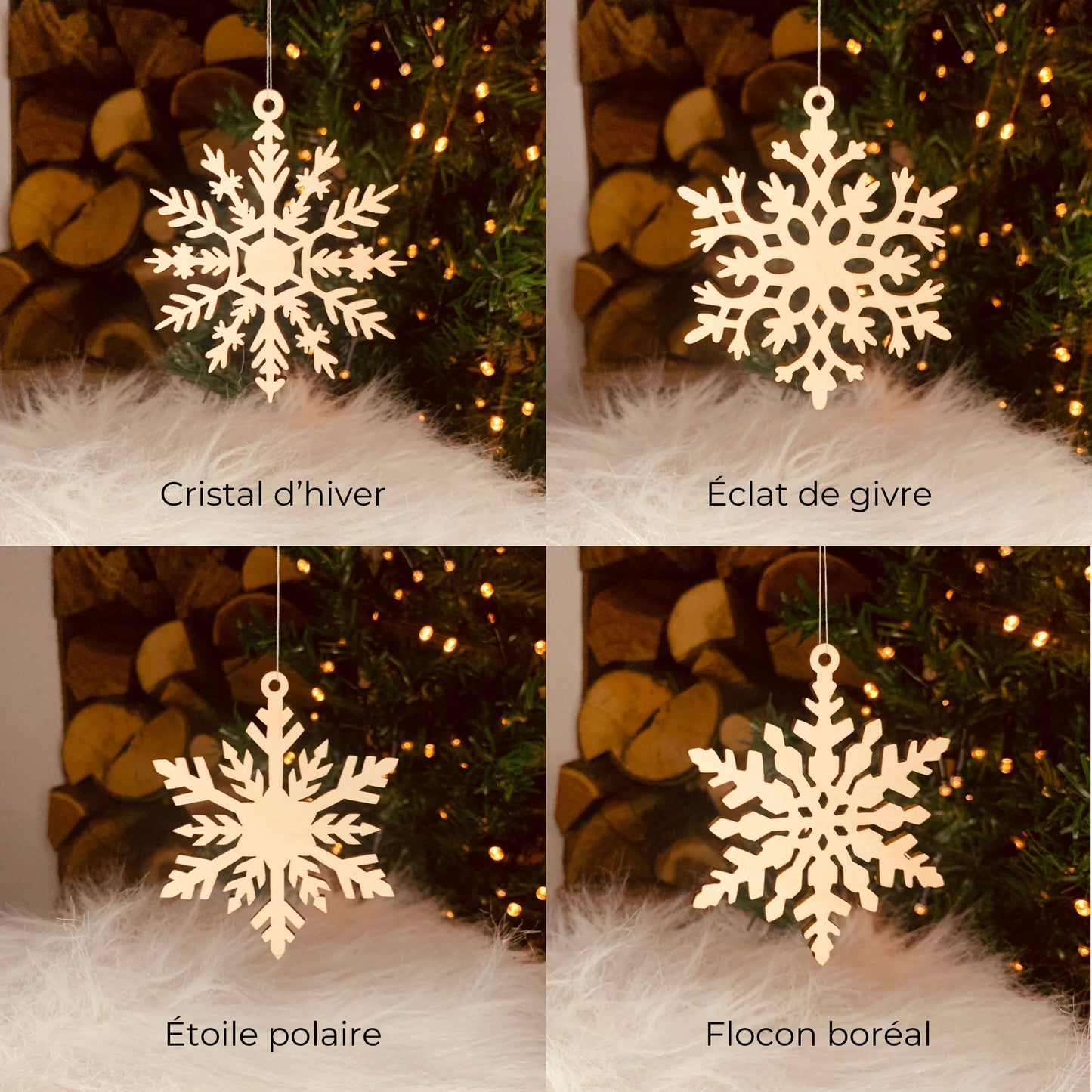 Flocons de neige en bois découpés