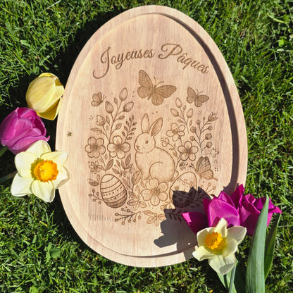 🐇 Plateau décoratif "Joyeuses Pâques" – Gravure sur bois