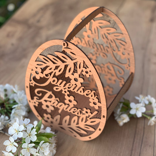 Panier ajouré "Joyeuses Pâques" – Bois raffiné effet dentelle 🐣🌷